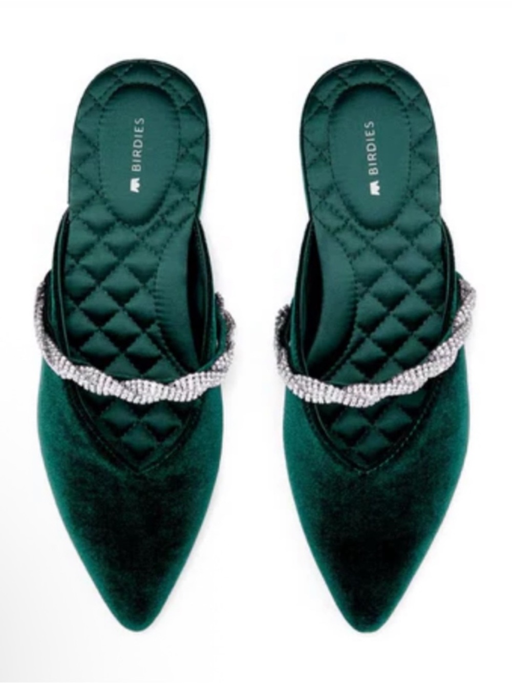 Birdies The Swan Emerald Green Velvet Mules in Crystal Bracelet Strap